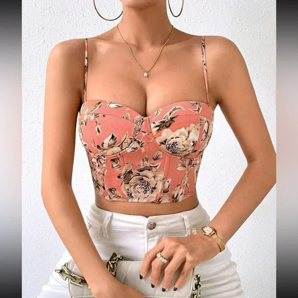 Tops | Boho Coral Pink Floral Print Lace Up Back Bustier Tops | Boho Coral Pink Floral Print Lace Up Back Bustier